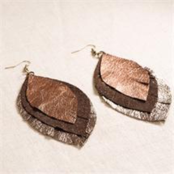 Jewelry - METALLIC LEATHER FEATHER EARRINGS - Brown and Gold
